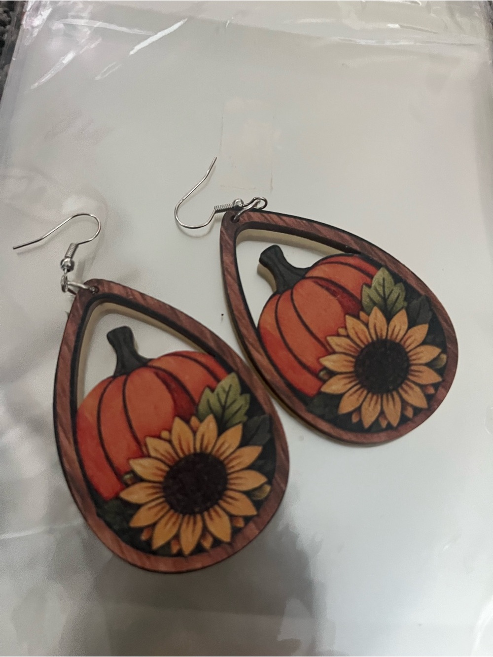 Wood pumpkin and sunflower earrings